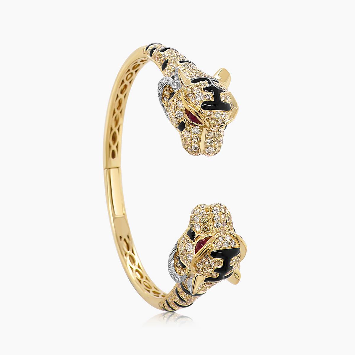 Taille mixte Bracelet double tête de léopard en or jaune 18K avec diamants, onyx et rubis en vente