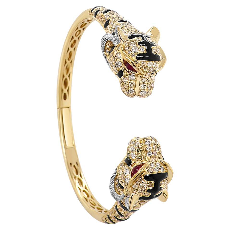 Bracelet double tête de léopard en or jaune 18K avec diamants, onyx et rubis