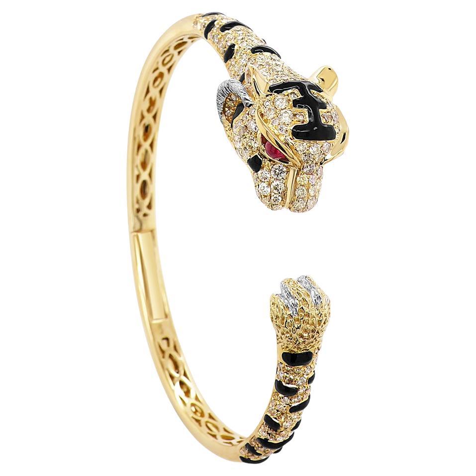 Bracelet tigre en or jaune 18K avec diamants, onyx et rubis en vente