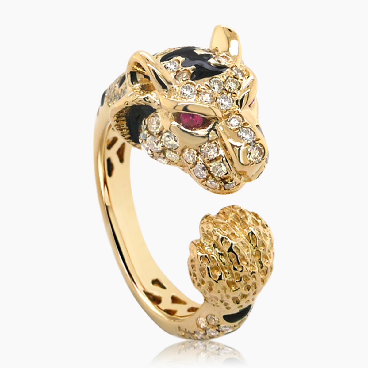 Bague tigre en or jaune 18 carats, diamants, onyx et rubis Neuf - En vente à Oakton, VA