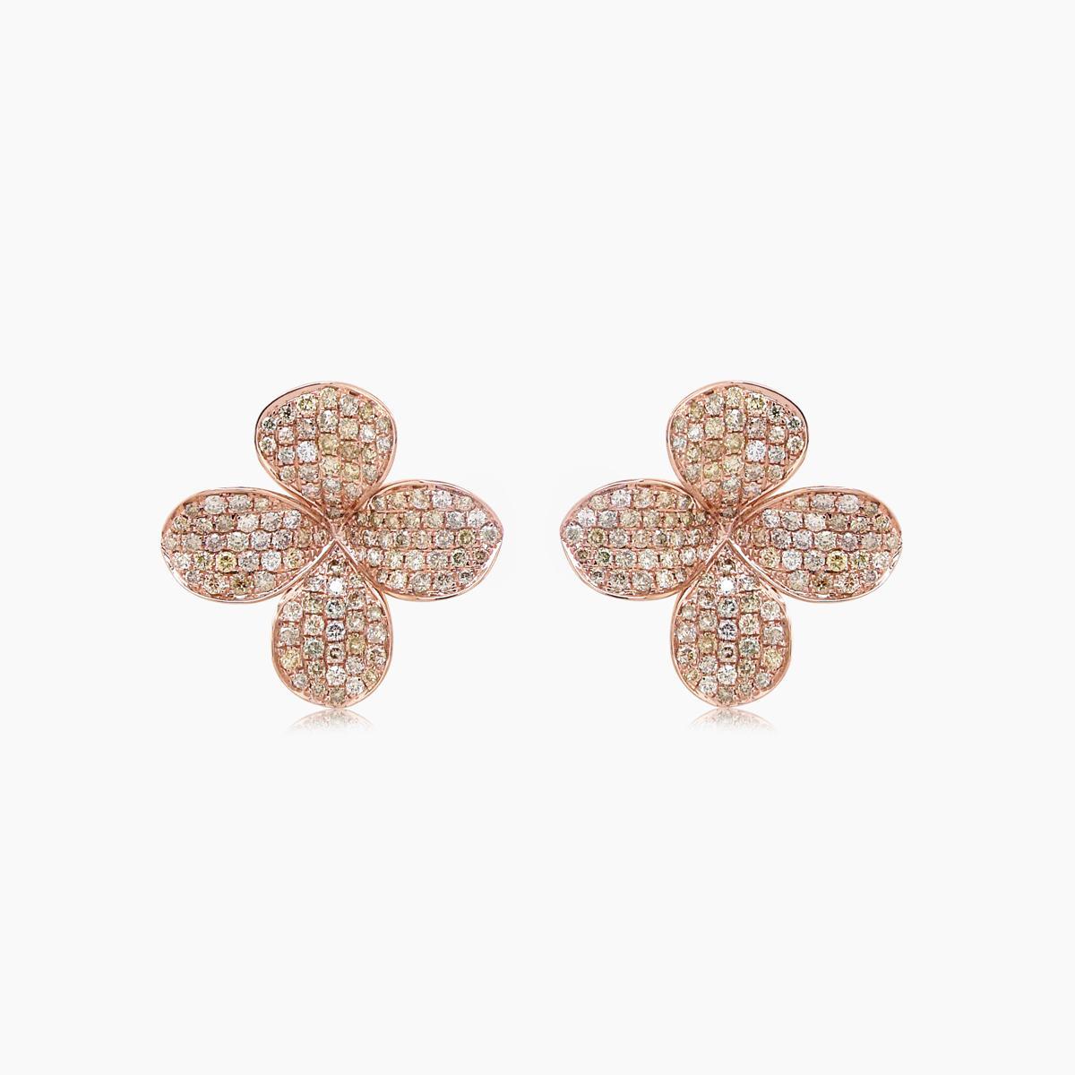 Mixed Cut Fancy Diamond Pave Set Clover Petals 18K Rose Gold Earrings For Sale