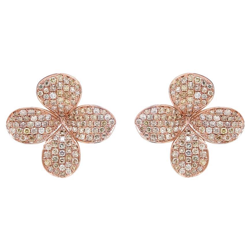 Fancy Diamond Pave Set Clover Petals 18K Rose Gold Earrings
