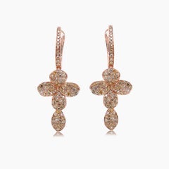 Fancy Diamond Pave Set Flower Petals 18K Rose Gold Cross Earrings