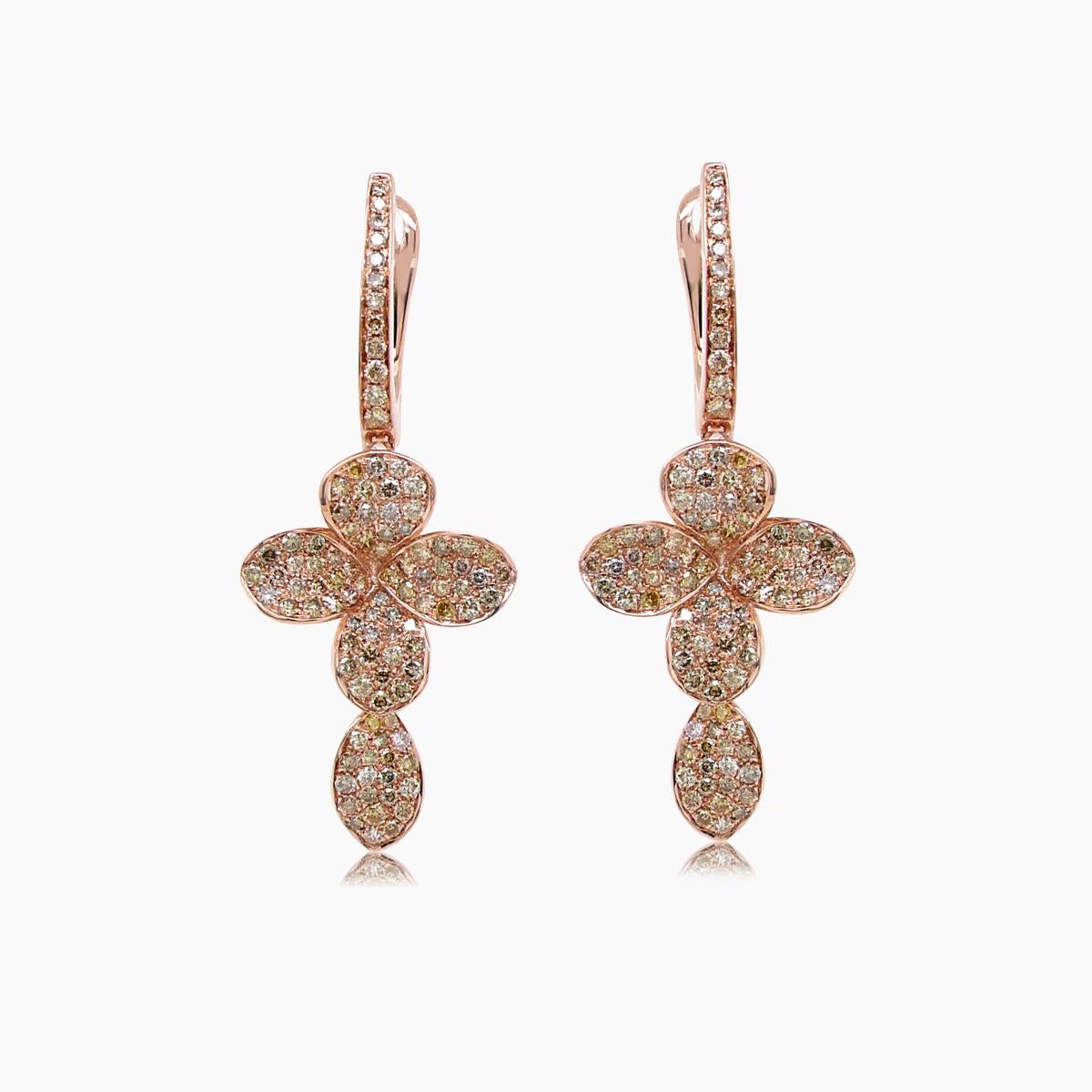 Fancy Diamond Pave Set Flower Petals 18K Rose Gold Cross Earrings In New Condition For Sale In Oakton, VA