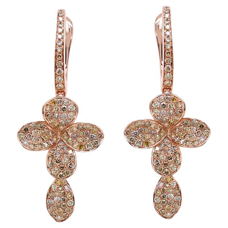 Fancy Diamond Pave Set Flower Petals 18K Rose Gold Cross Earrings For Sale