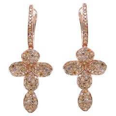 Fancy Diamond Pave Set Flower Petals 18K Rose Gold Cross Earrings