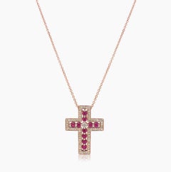 Fancy Diamond & Ruby 18K Rose Gold Cross Pendant Necklace