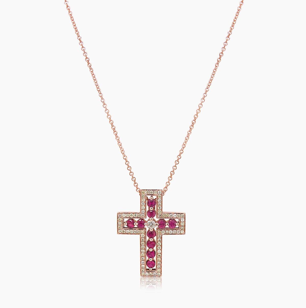 Taille mixte Collier croix en or rose 18 carats avec diamant fantaisie et rubis en vente