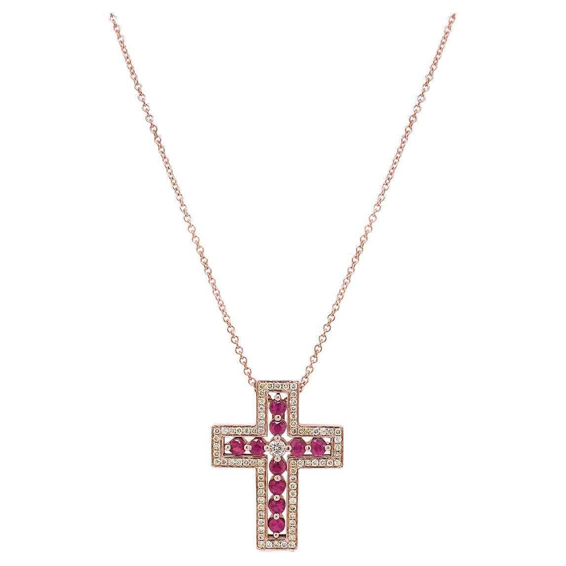Fancy Diamond & Ruby 18K Rose Gold Cross Pendant Necklace