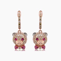 Fancy Diamond & Ruby 18K Rose Gold Teddy Bear Earrings