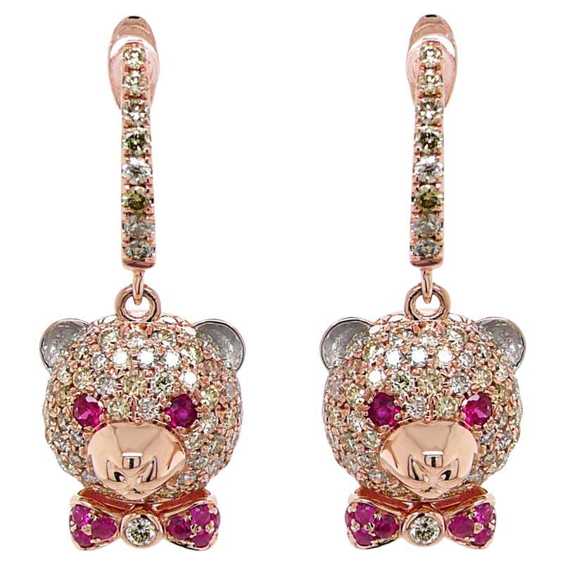 Fancy Diamond & Ruby 18K Rose Gold Teddy Bear Earrings