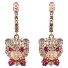 Fancy Diamond & Ruby 18K Rose Gold Teddy Bear Earrings