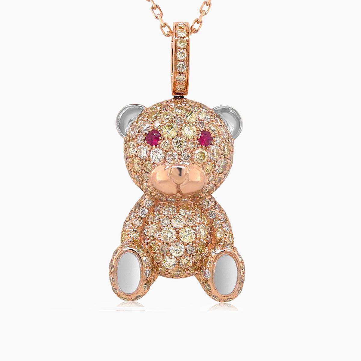 Fancy Diamond & Ruby 18K Rose Gold Teddy Bear Pendant Necklace In New Condition For Sale In Oakton, VA