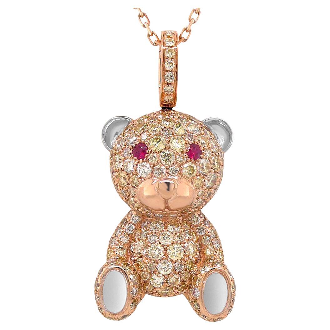 Fancy Diamond & Ruby 18K Rose Gold Teddy Bear Pendant Necklace For Sale