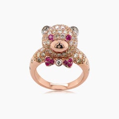 Fancy Diamond & Ruby 18K Rose Gold Teddy Bear Ring