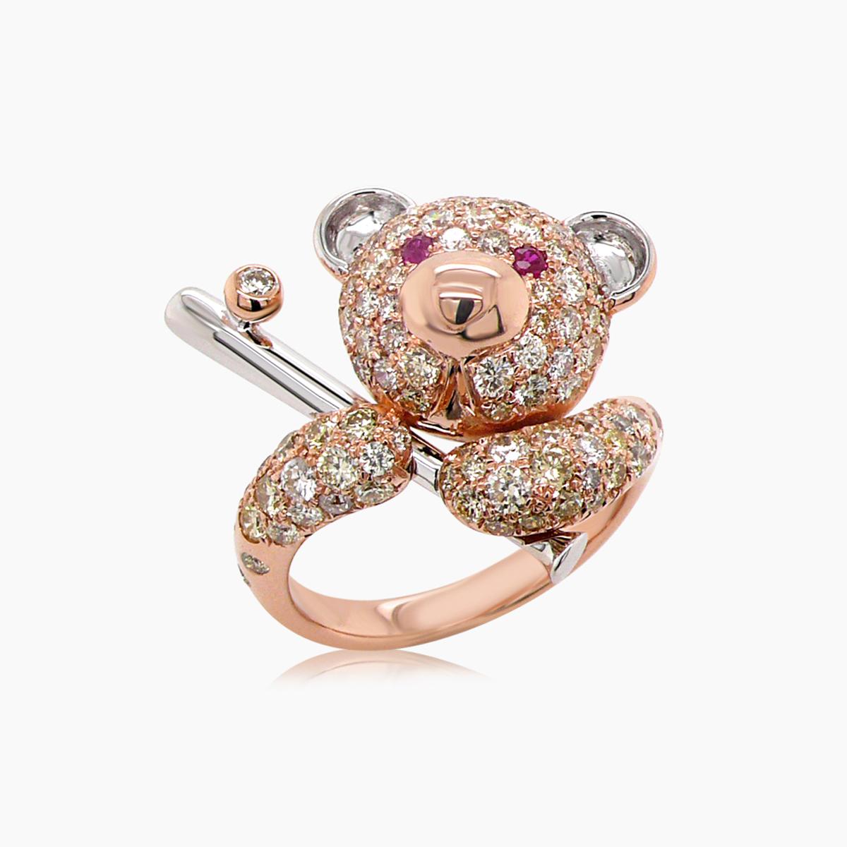 Fancy Diamond & Ruby 18K Rose Gold Teddy Bear Ring In New Condition For Sale In Oakton, VA