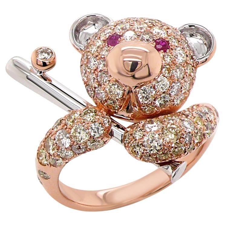Fancy Diamond & Ruby 18K Rose Gold Teddy Bear Ring