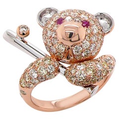Fancy Diamond & Ruby 18K Rose Gold Teddy Bear Ring