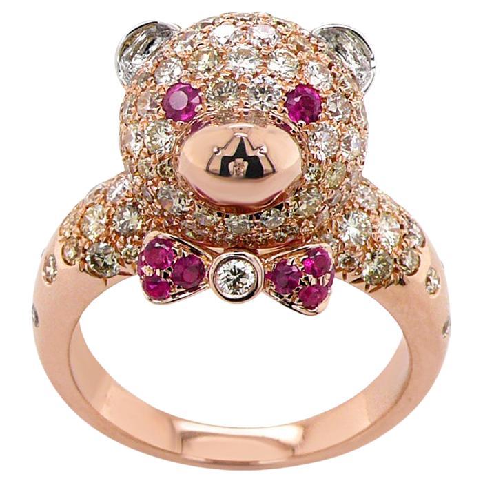 Fancy Diamond & Ruby 18K Rose Gold Teddy Bear Ring For Sale