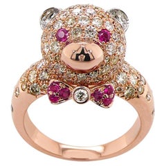 Fancy Diamond & Ruby 18K Rose Gold Teddy Bear Ring