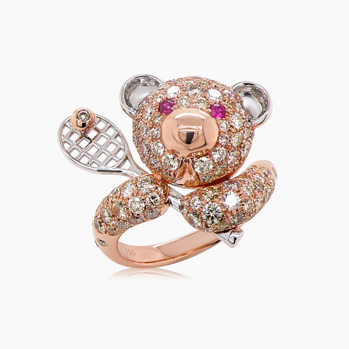 Mixed Cut Fancy Diamond & Ruby 18K Rose Gold Teddy Bear Tennis Ring For Sale