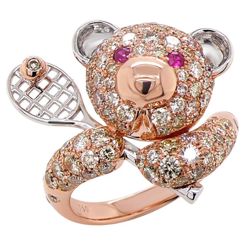 Fancy Diamond & Ruby 18K Rose Gold Teddy Bear Tennis Ring For Sale