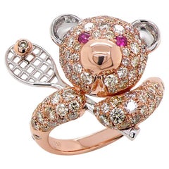 Fancy Diamond & Ruby 18K Rose Gold Teddy Bear Tennis Ring