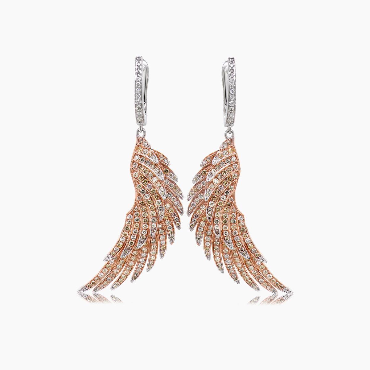 Mixed Cut Fancy Diamond & White Diamond 18K Gold Bird Wings Fantasy Angel Earrings For Sale
