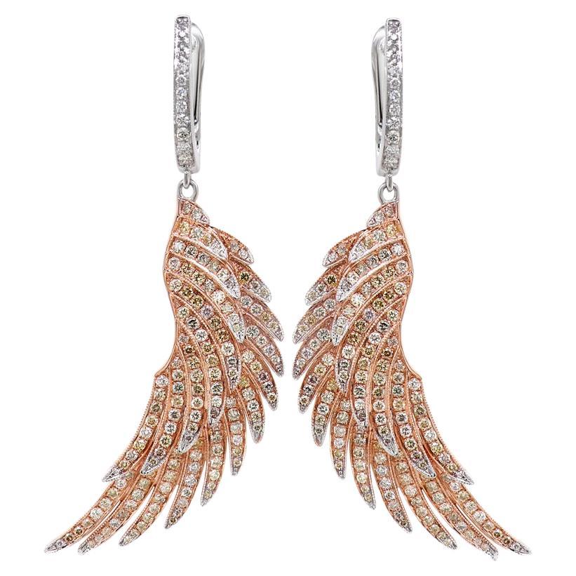 Fancy Diamond & White Diamond 18K Gold Bird Wings Fantasy Angel Earrings For Sale