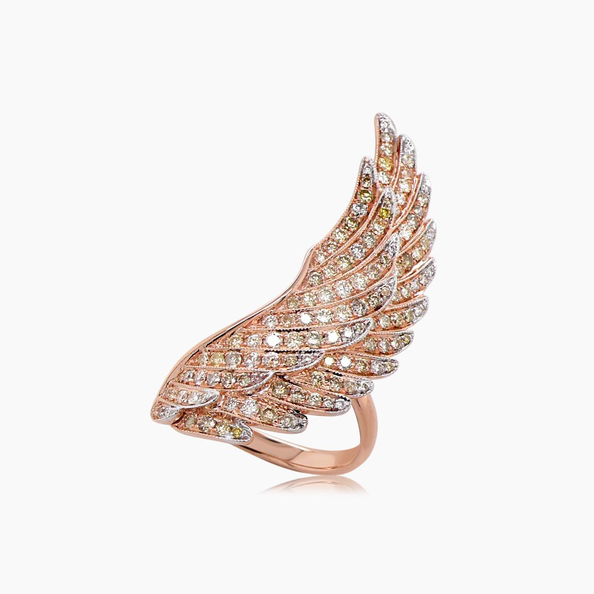 Mixed Cut Fancy Diamond & White Diamond 18K Rose Gold Angel Wing Fantasy Ring For Sale