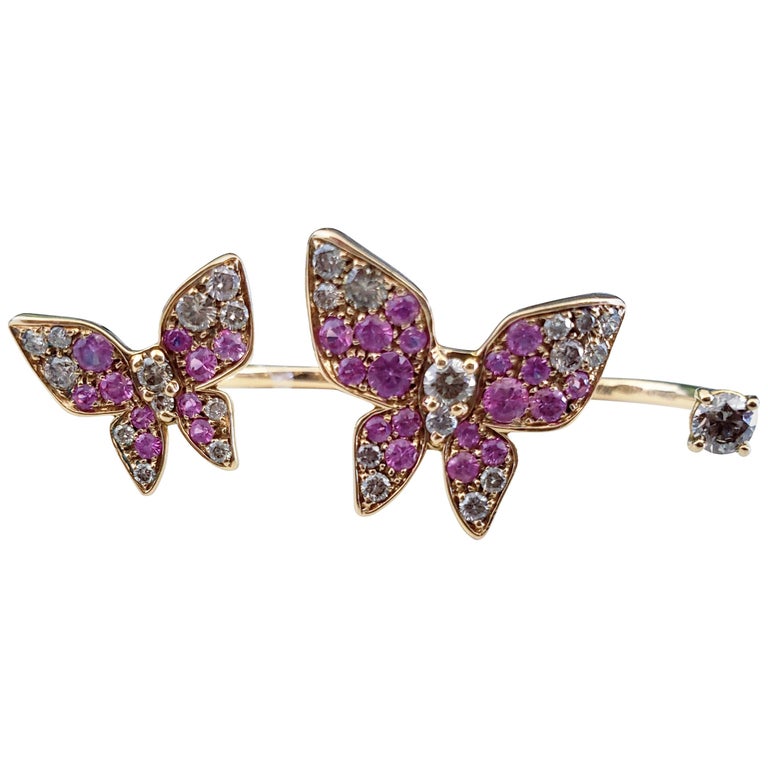Fancy Diamonds 0.72 Karat Pink Sapphires 0.80 Karat Yellow Gold Two Fingers Ring For Sale at 1stDibs