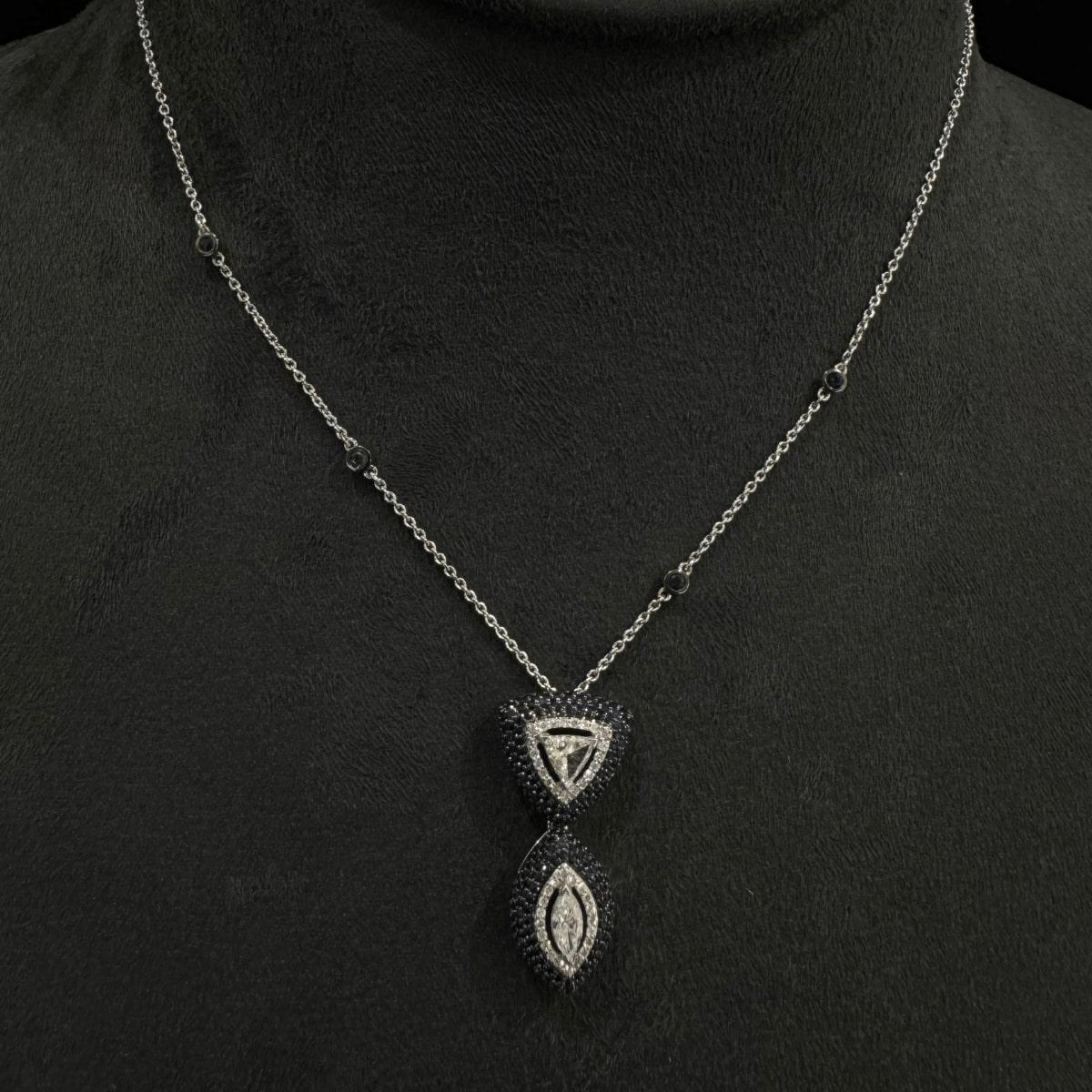 Collana con diamanti fantasia e zaffiri blu in oro massiccio 14K (certificato) in vendita 2