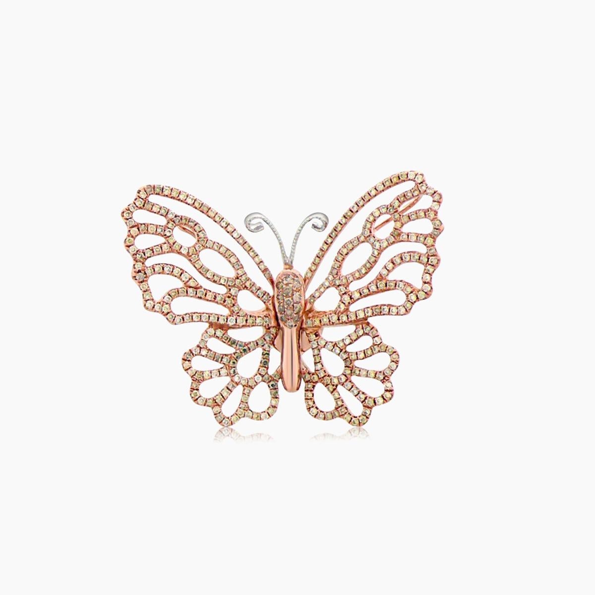 Fancy Diamonds Pave Butterfly Sweet 18K Rose Gold Animal Ring In New Condition For Sale In Oakton, VA