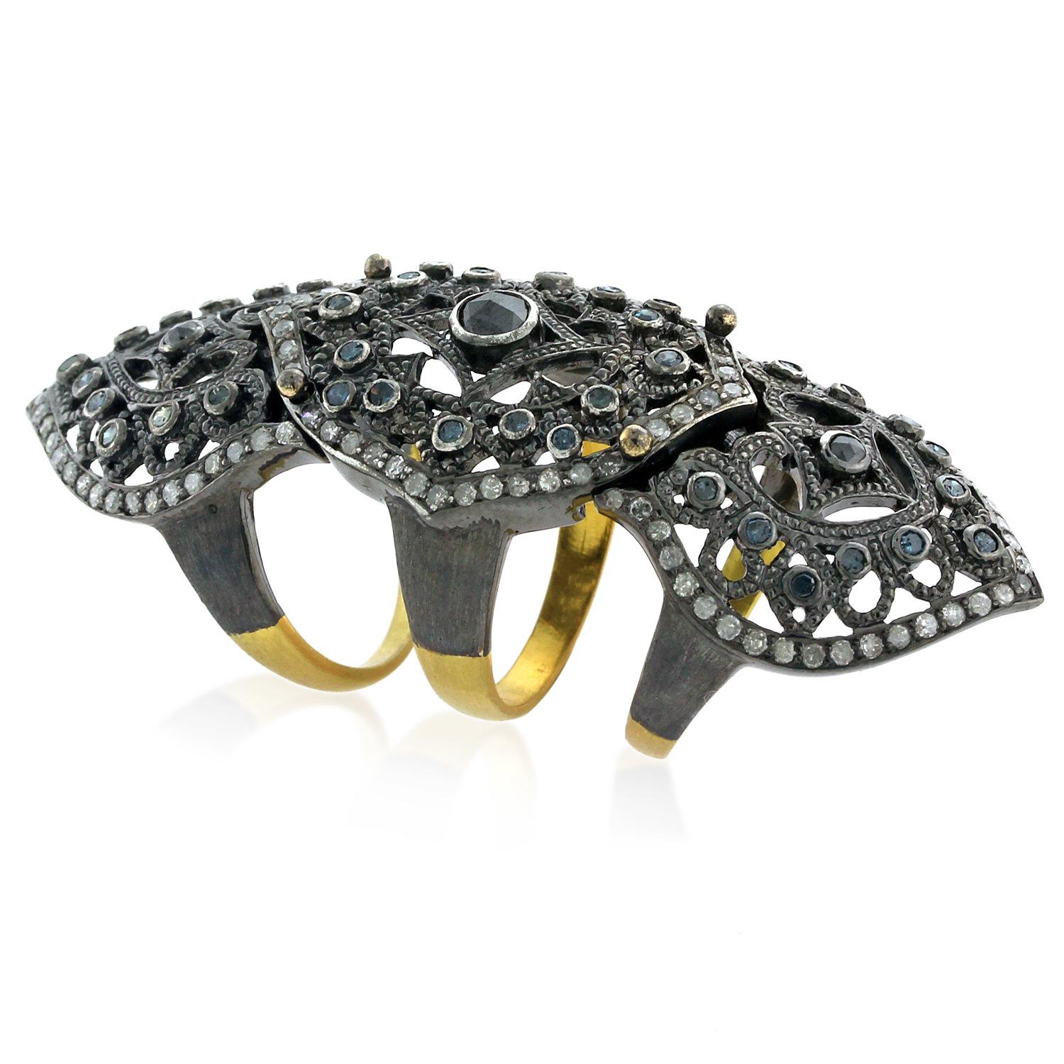 Art Nouveau Fancy Diamonds & Pave Diamonds Long Knuckle Ring Made in 18k Gold & Silver For Sale