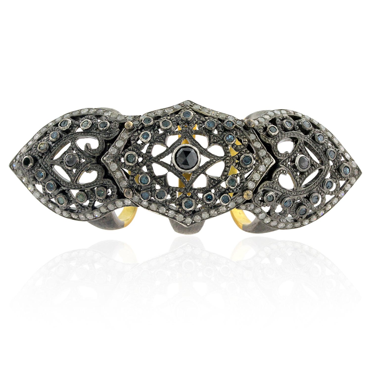 Fancy Diamonds & Pave Diamonds Long Knuckle Ring Made in 18k Gold & Silver In New Condition For Sale In New York, NY