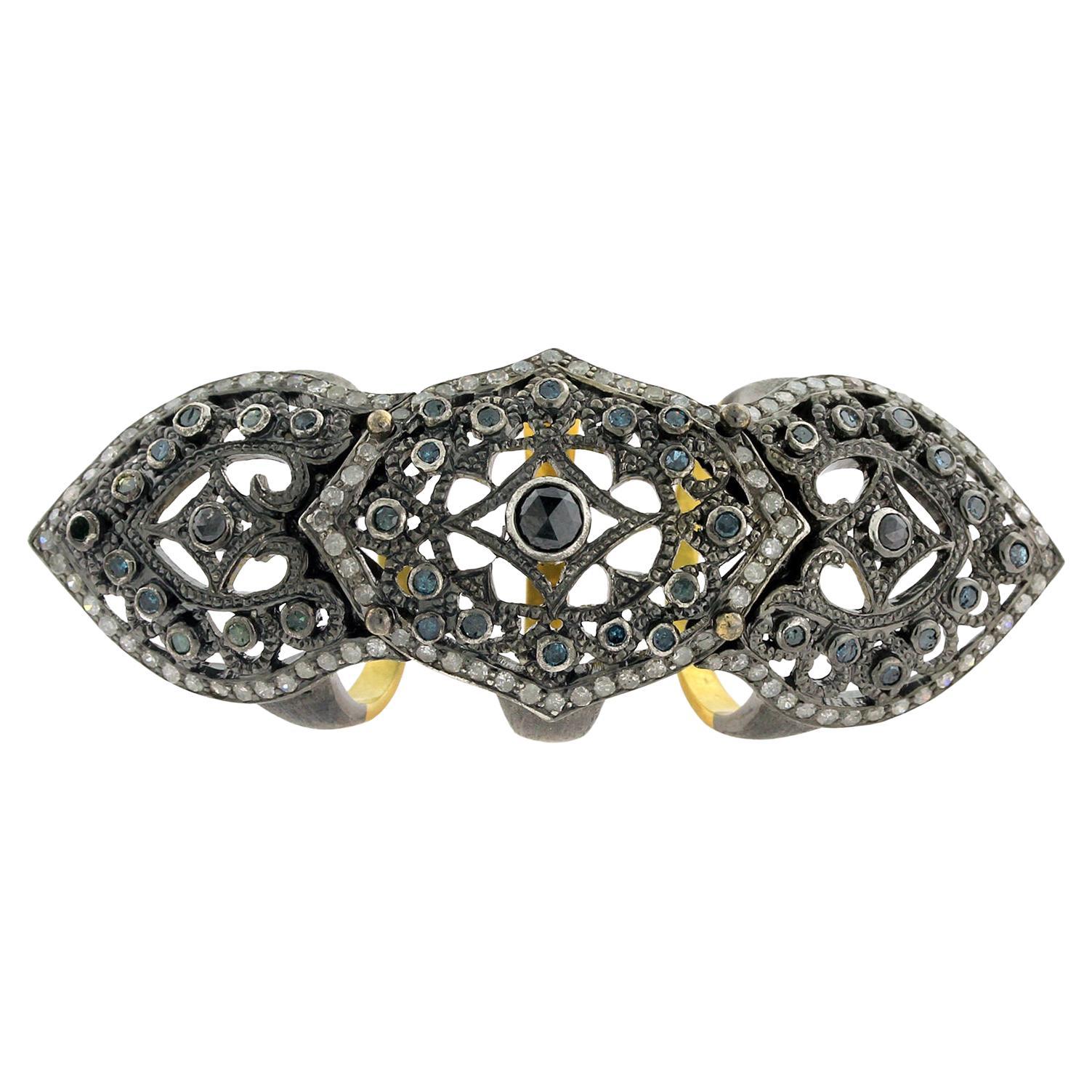 Long Knuckle-Ring aus 18 Karat Gold und Silber mit ausgefallenen Diamanten und Pavé-Diamanten