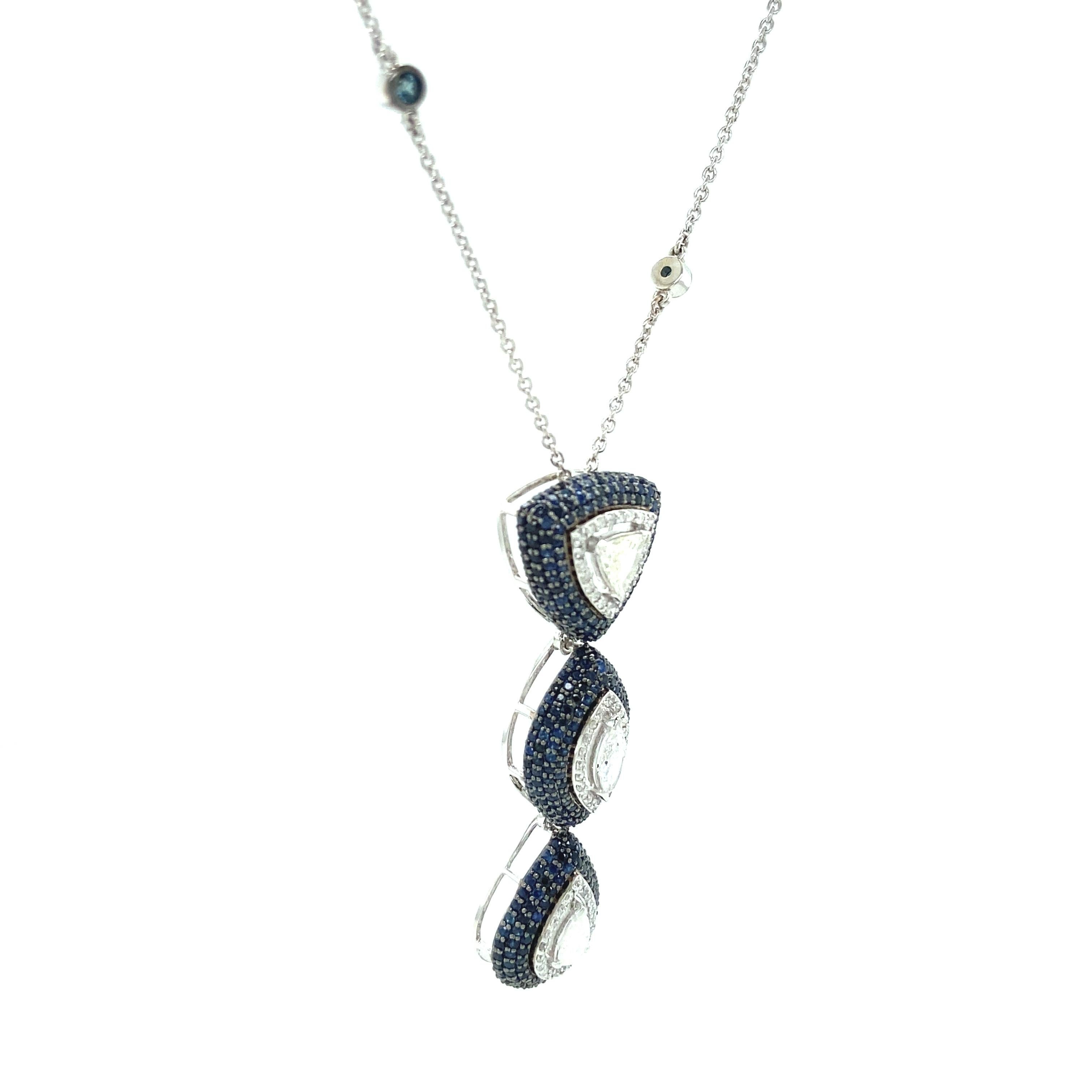 Art Deco Fancy Diamonds Pendant Necklace With Blue Sapphires Set in 18k Solid Gold For Sale