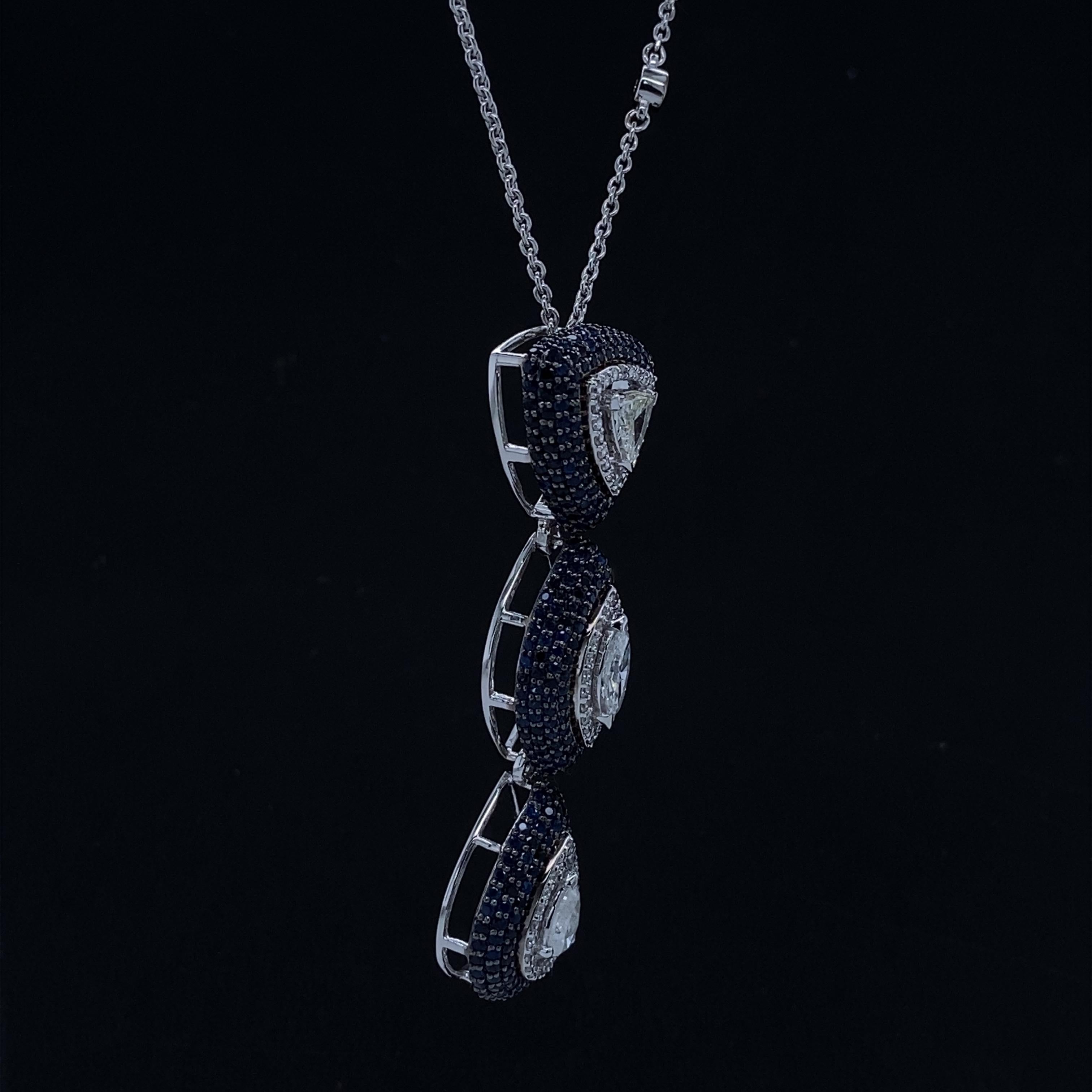 Women's Fancy Diamonds Pendant Necklace With Blue Sapphires Set in 18k Solid Gold For Sale