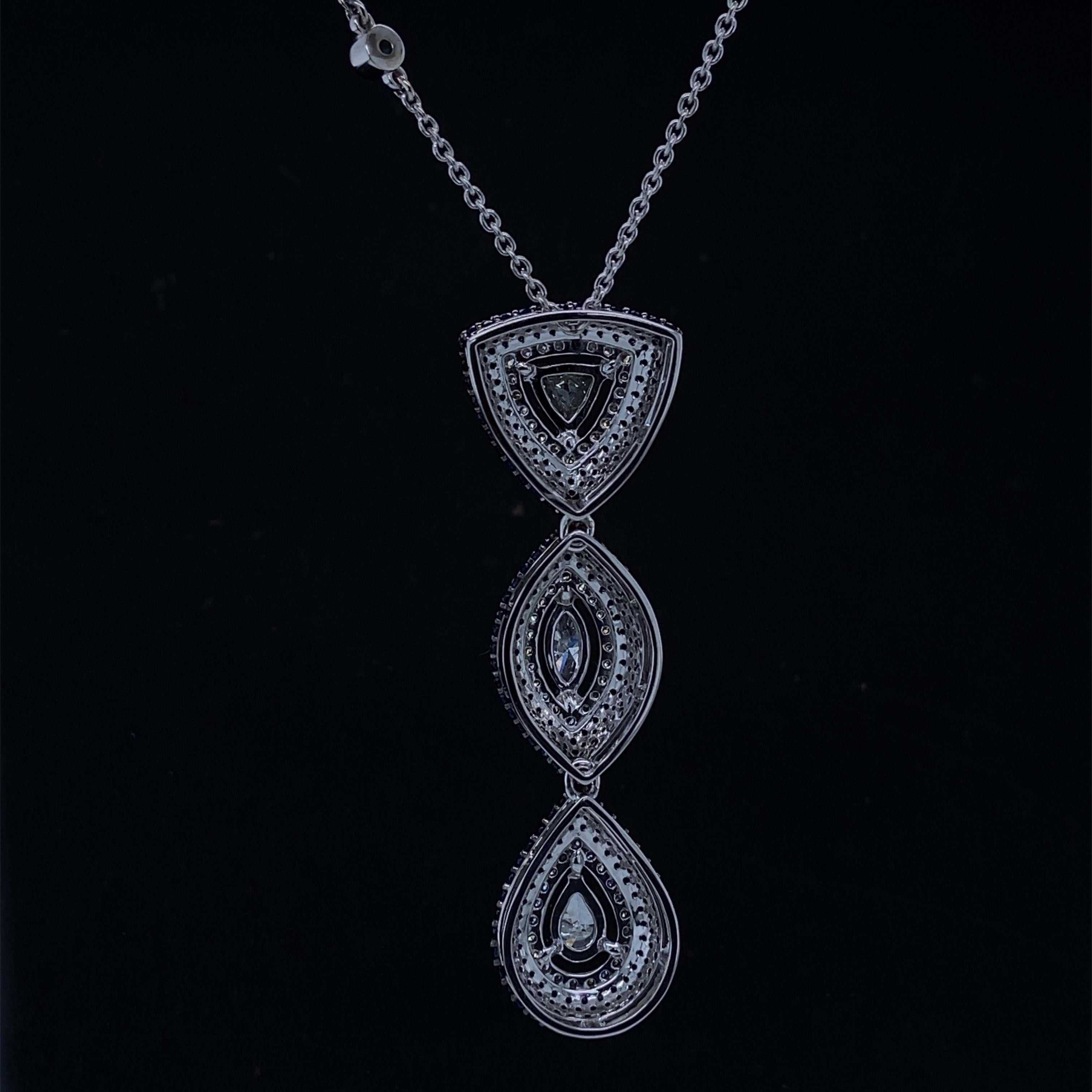 Fancy Diamonds Pendant Necklace With Blue Sapphires Set in 18k Solid Gold For Sale 1