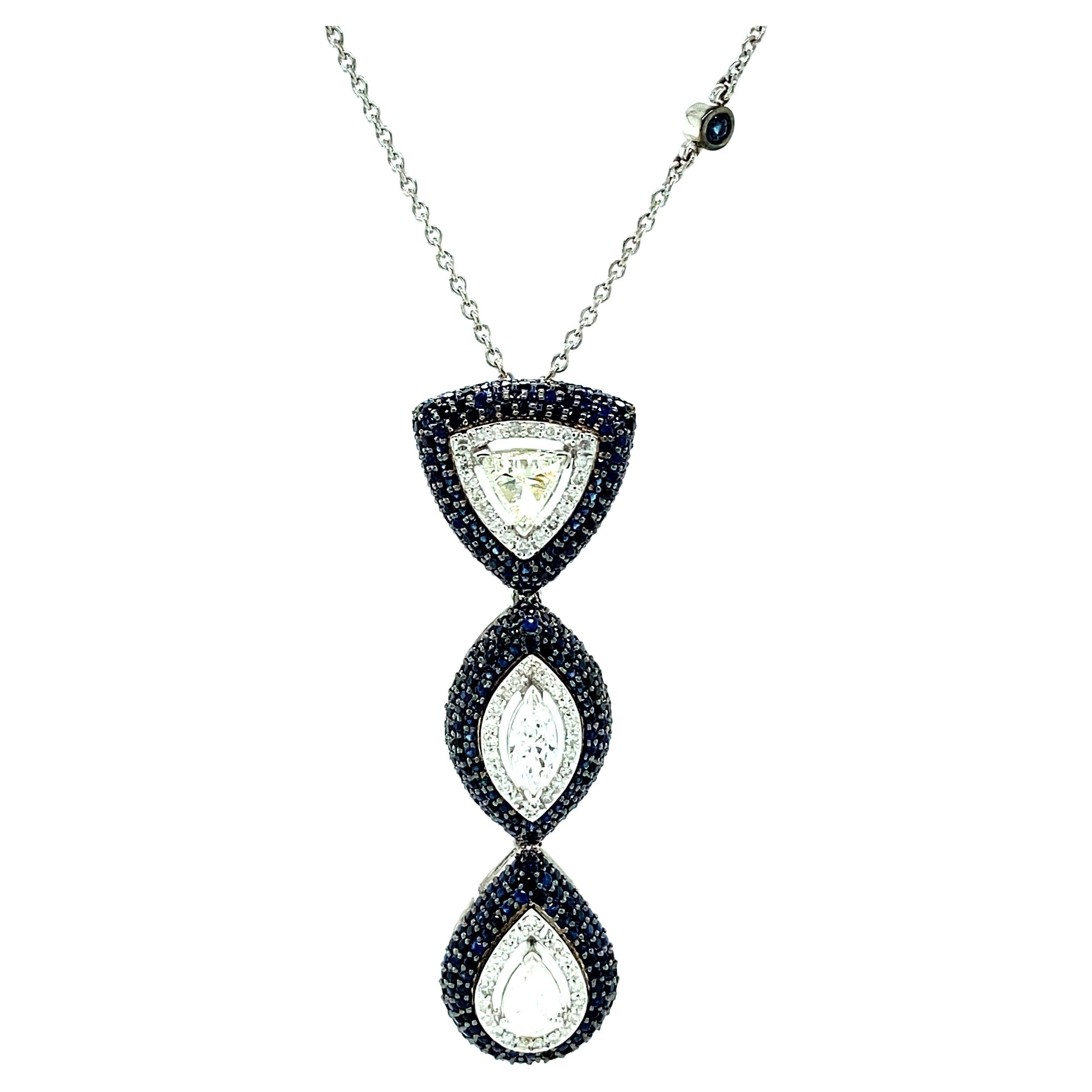 Fancy Diamonds Pendant Necklace With Blue Sapphires Set in 18k Solid Gold For Sale