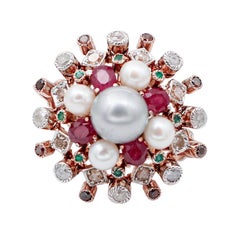 Fancy Diamonds, Rubies, Emeralds, Pearls, 9 Karat Rose Gold and Silver Ring