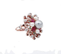 Fancy Diamonds, Rubies, Emeralds, Pearls, 9 Karat Rose Gold and Silver Ring