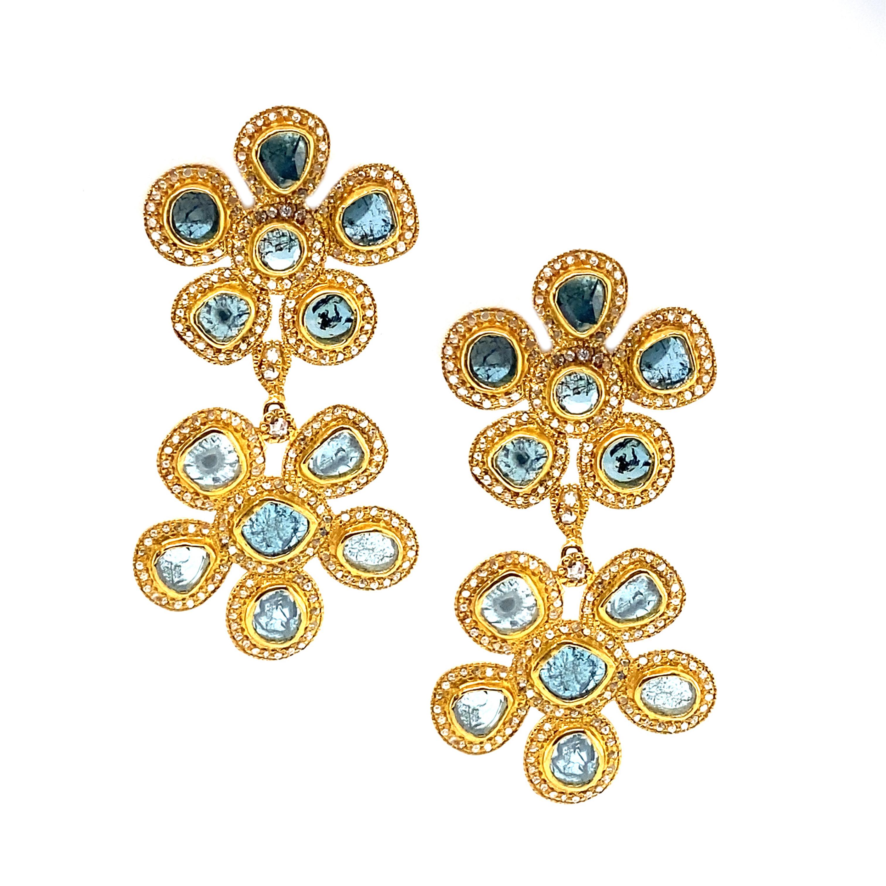 Eternity Earrings Set in 20 Karat Yellow Gold with 4.04 Carat Blue Diamonds and 1.71 Carat Rose-Cut Diamonds. These Exquisite Earrings Come In A Double Flower Design.