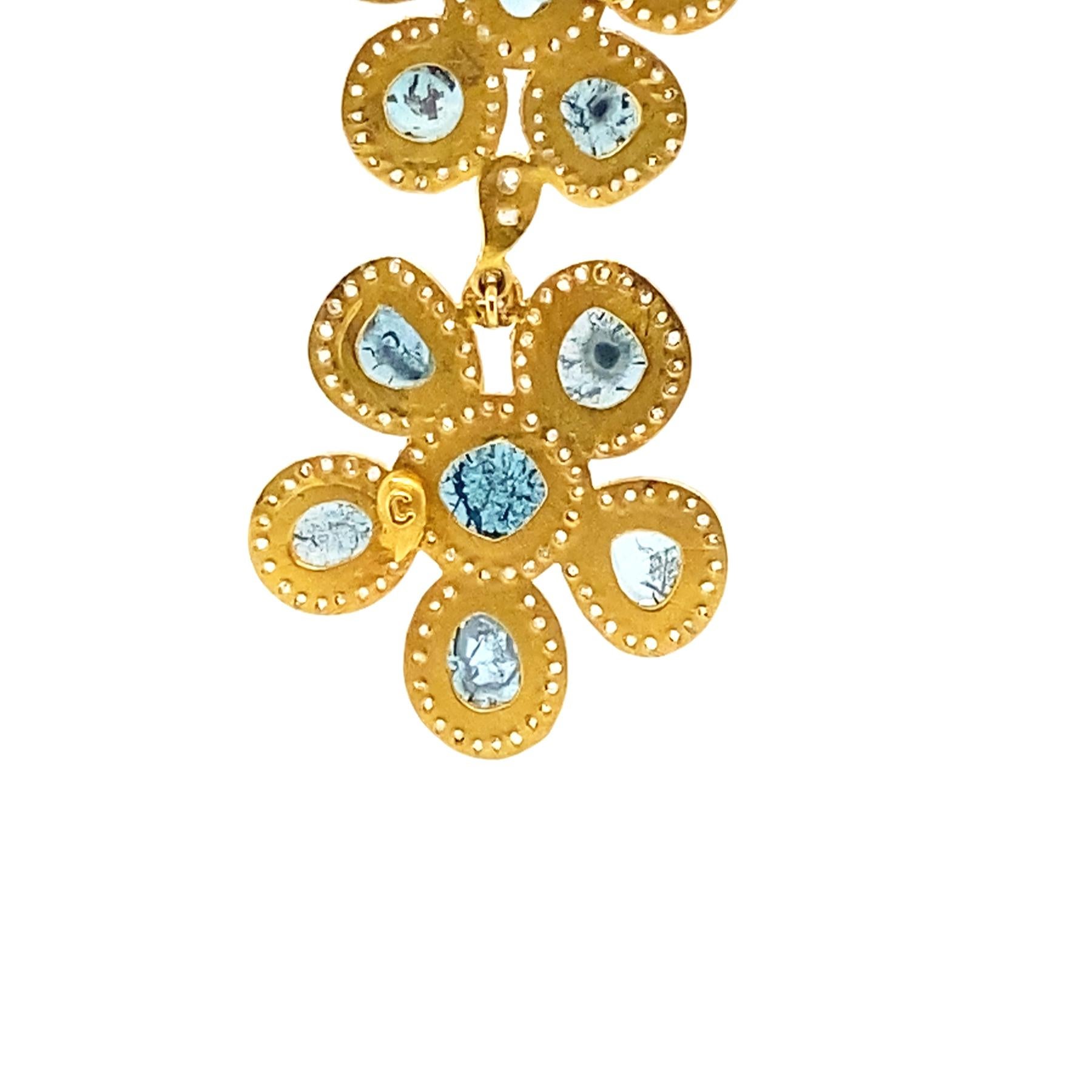 Modern Fancy Double Flower Earrings Set in Yellow Gold with 4.04 Carat Blue Diamonds