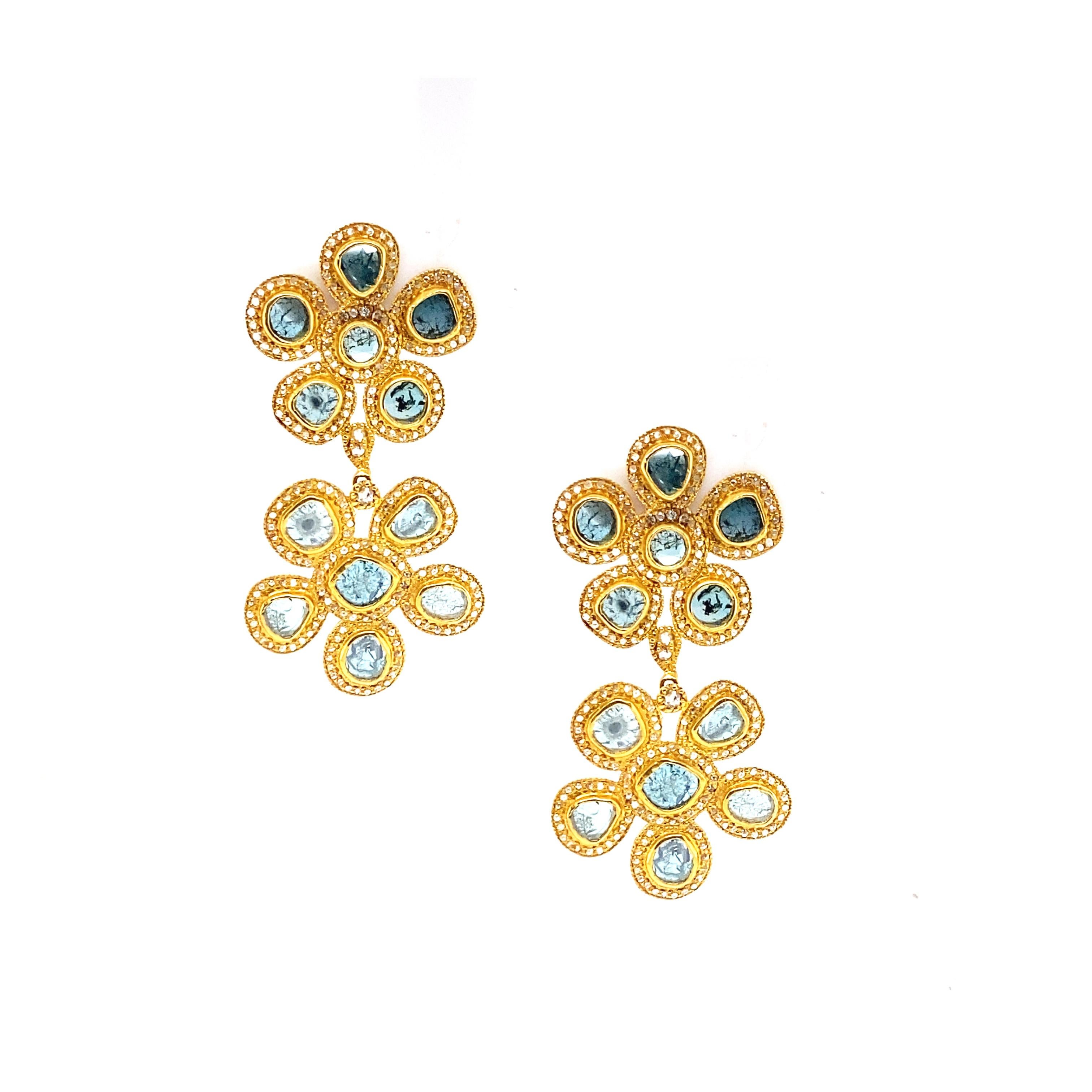 Rose Cut Fancy Double Flower Earrings Set in Yellow Gold with 4.04 Carat Blue Diamonds