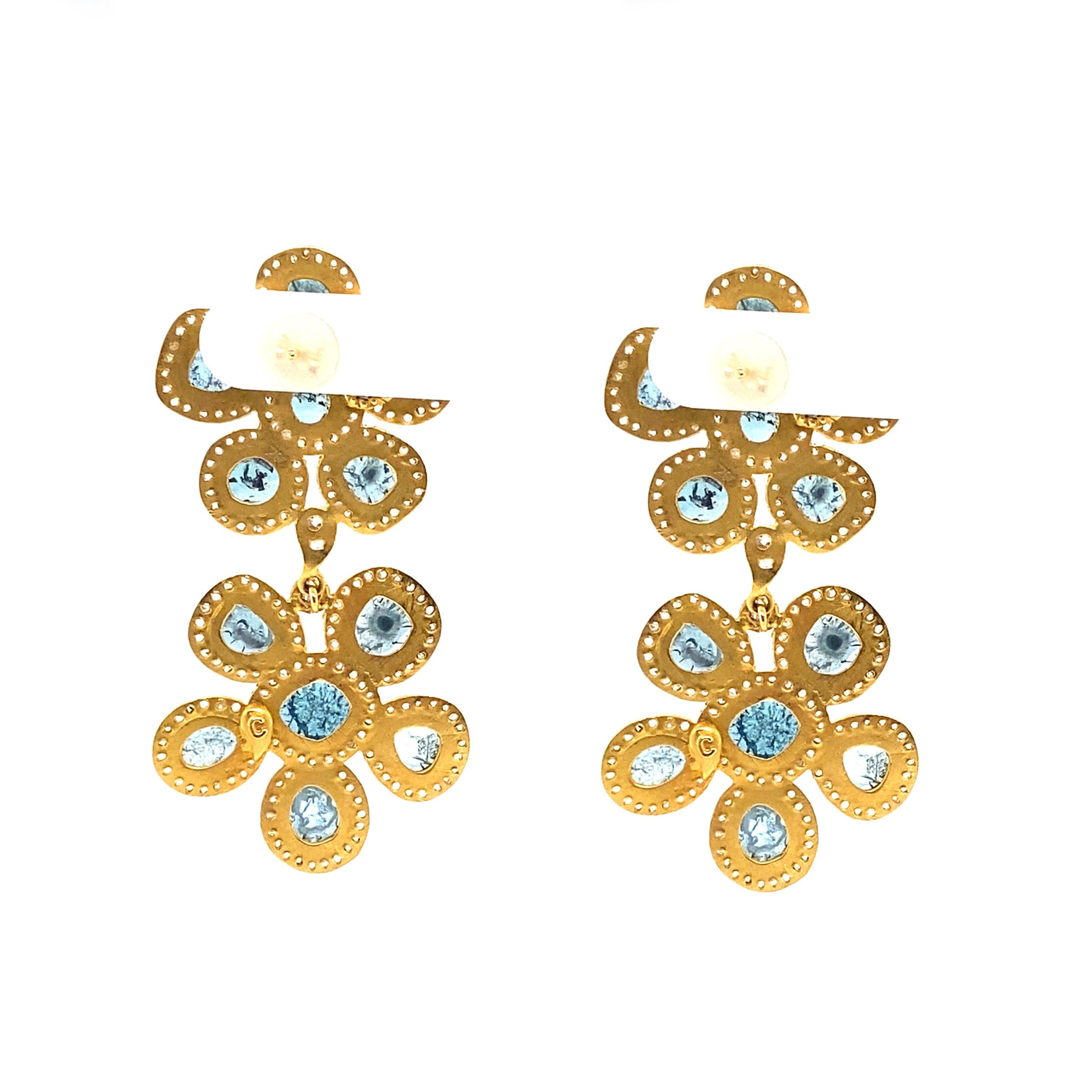 Fancy Double Flower Earrings Set in Yellow Gold with 4.04 Carat Blue Diamonds In New Condition In Secaucus, NJ