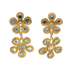 Fancy Double Flower Earrings Set in Yellow Gold with 4.04 Carat Blue Diamonds