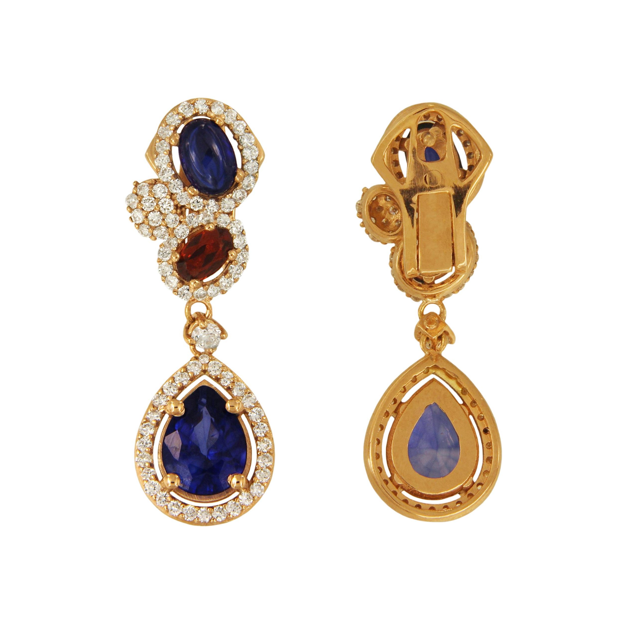 Fancy Drop Earrings with Garnet and Sapphire In New Condition For Sale In New York, NY