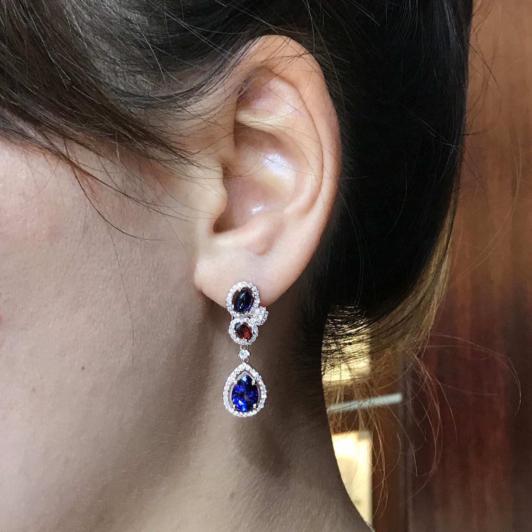 Women's or Men's Fancy Drop Earrings with Garnet and Sapphire For Sale