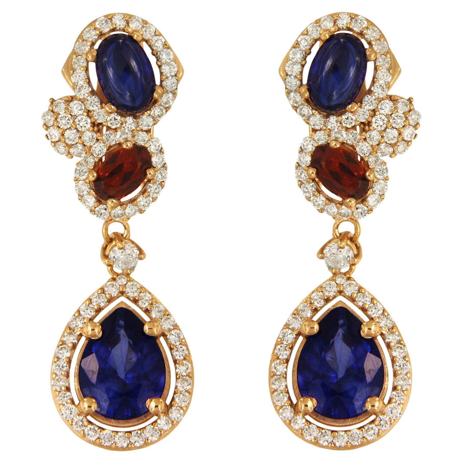 Fancy Drop Earrings with Garnet and Sapphire For Sale